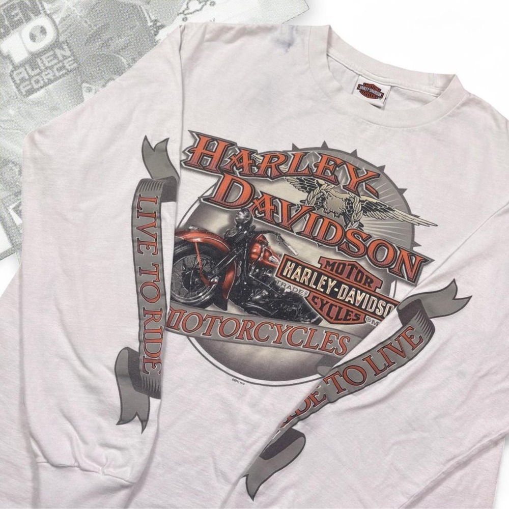 Vintage Harley Davidson Y2K White Graphic Long Sleeve Tee Shirt Mens L
